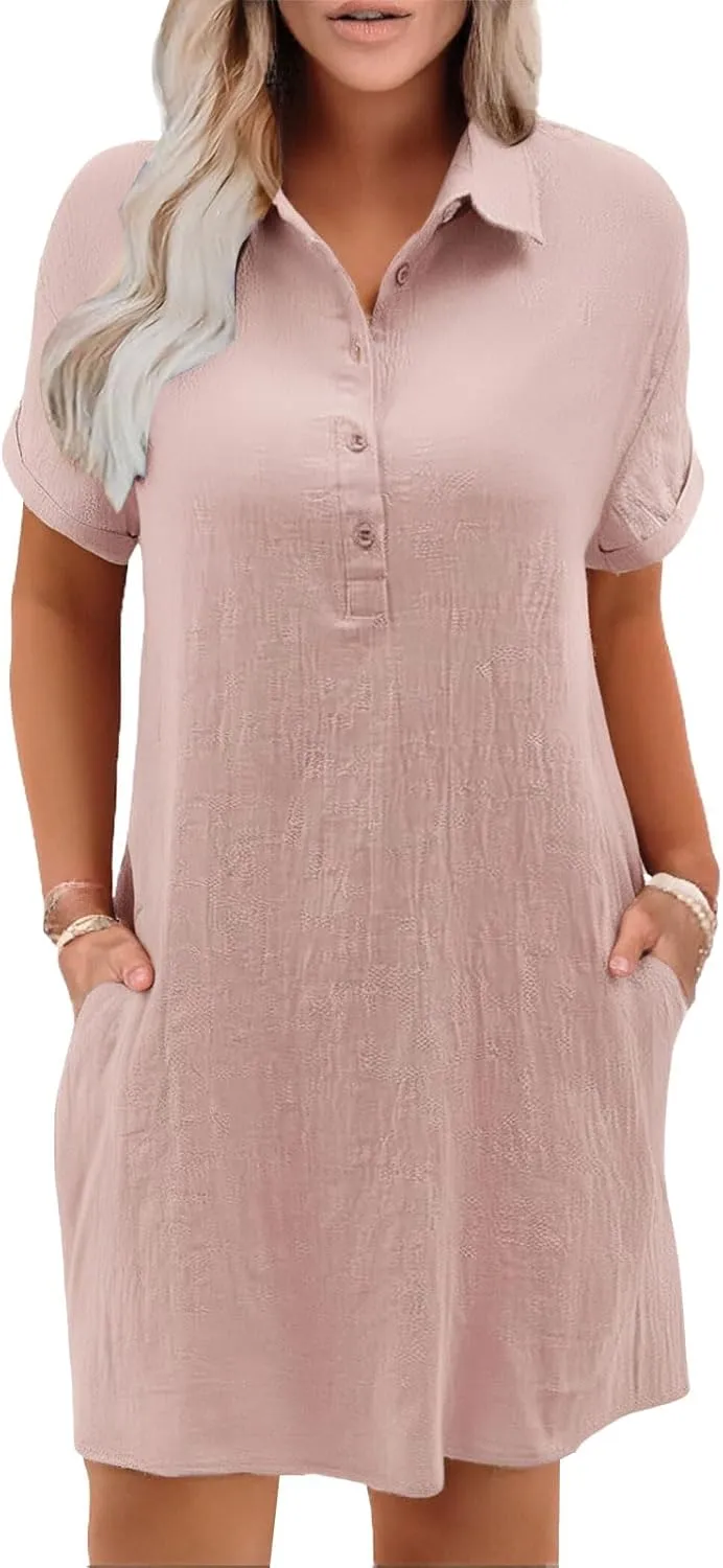 Womens Shirt Dress Summer Casual Short Sleeve Button Down Mini Dress Beach Vacation Dresses with Pockets