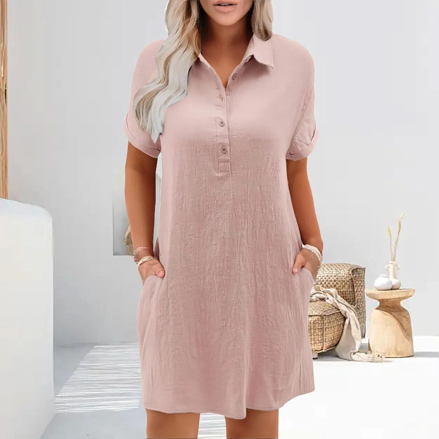 Womens Shirt Dress Summer Casual Short Sleeve Button Down Mini Dress Beach Vacation Dresses with Pockets