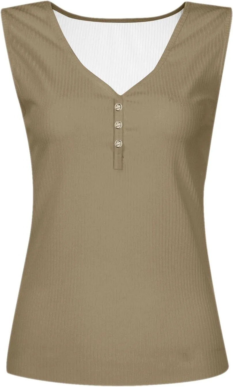 Women's Sleeveless Henley Shirts Ribbed Tank Tops V Neck Button Down Tshirt Summer Casual Tee Blouse