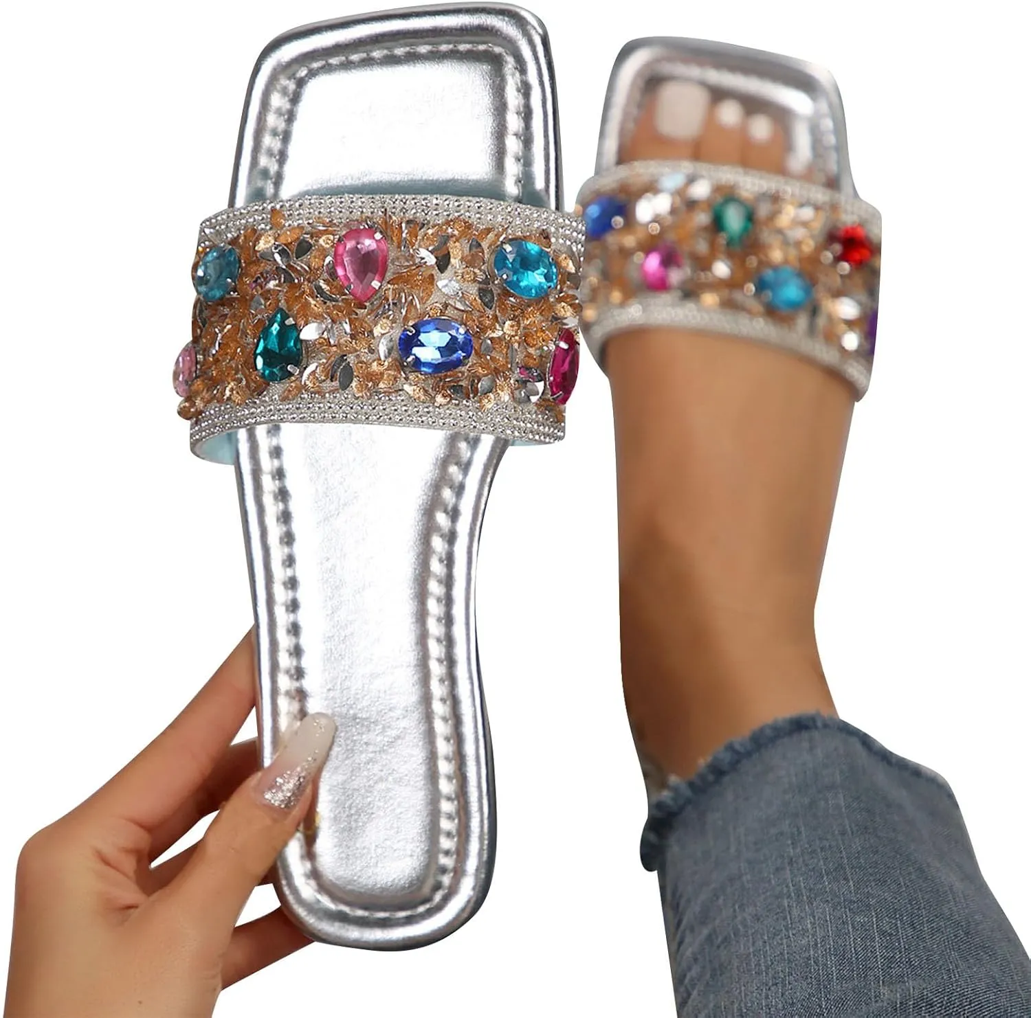 Womens Slides Jewel Square Toe Rhinestone Sandals Summer Outdoor Comfort Breathable Lightweight Shoes 2025
