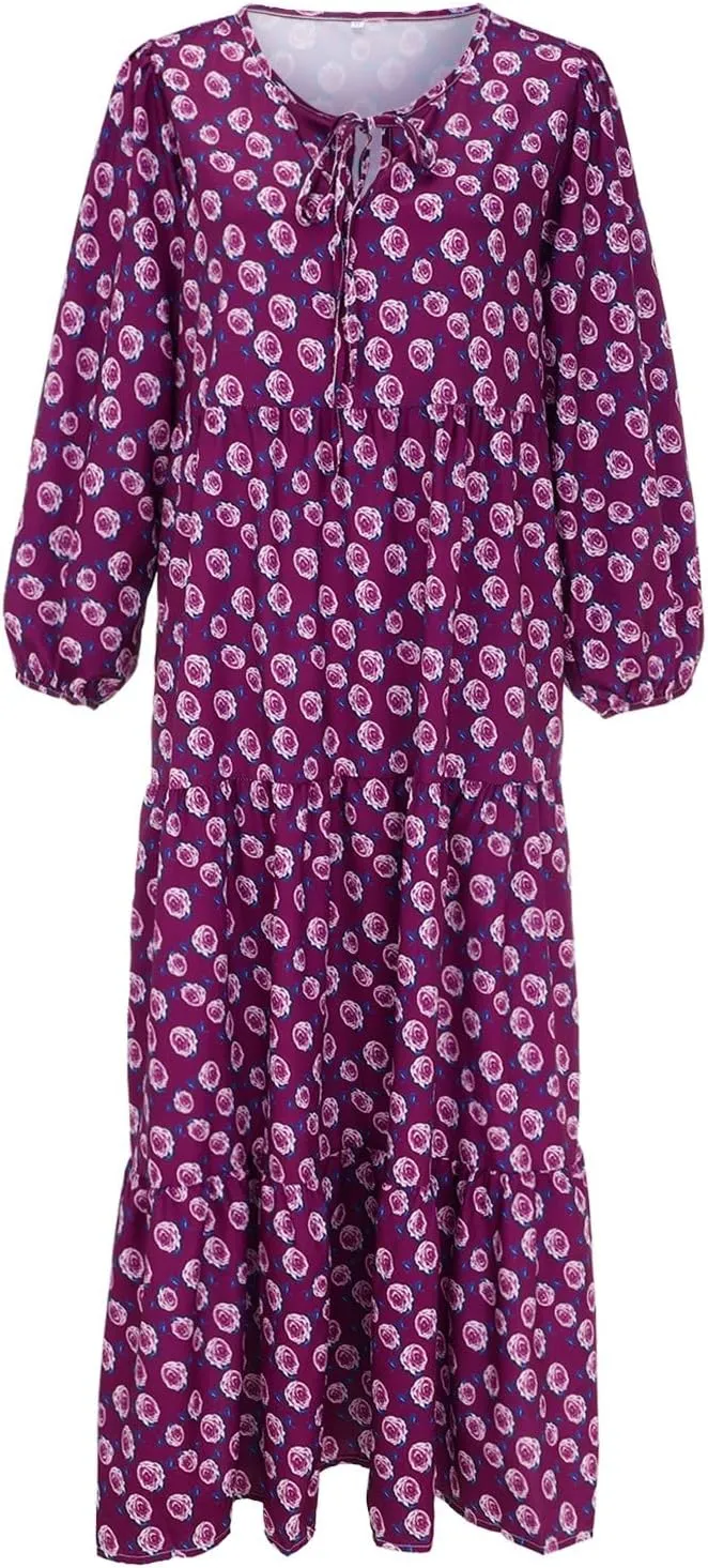 Women's Spring Dresses 2025 Long Sleeve Flowy Casual Floral Maxi Dress Front Tie Cutout Tiered Long Dress Beach Dresses