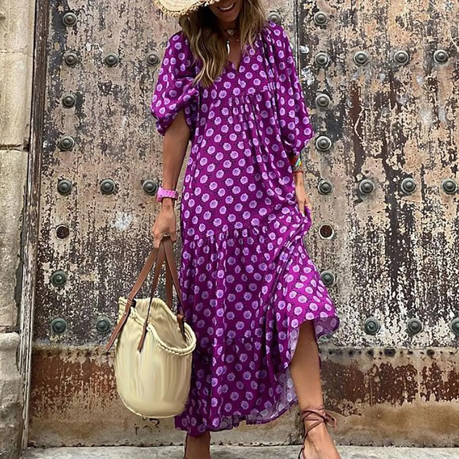 Women's Spring Dresses 2025 Long Sleeve Flowy Casual Floral Maxi Dress Front Tie Cutout Tiered Long Dress Beach Dresses
