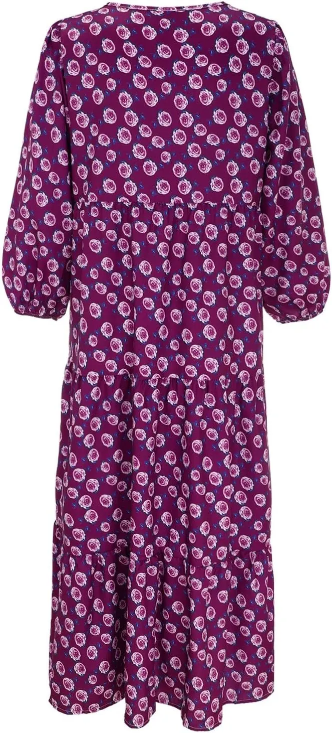 Women's Spring Dresses 2025 Long Sleeve Flowy Casual Floral Maxi Dress Front Tie Cutout Tiered Long Dress Beach Dresses