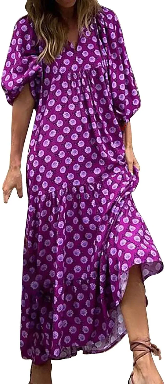 Women's Spring Dresses 2025 Long Sleeve Flowy Casual Floral Maxi Dress Front Tie Cutout Tiered Long Dress Beach Dresses