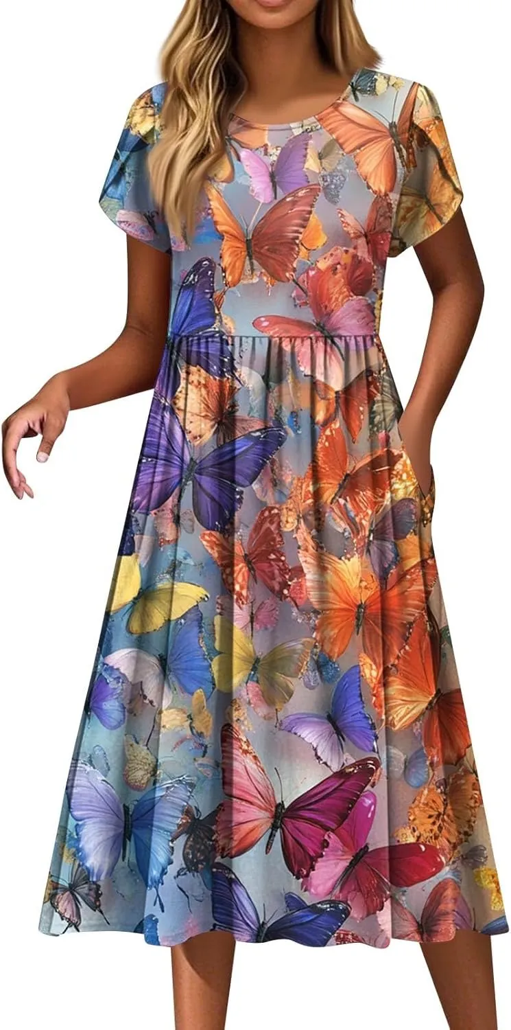 Women's Summer Dress Flutter Short Sleeve O Neck Midi Dresses Boho Sunflower Printed Flowy Swing Sundress