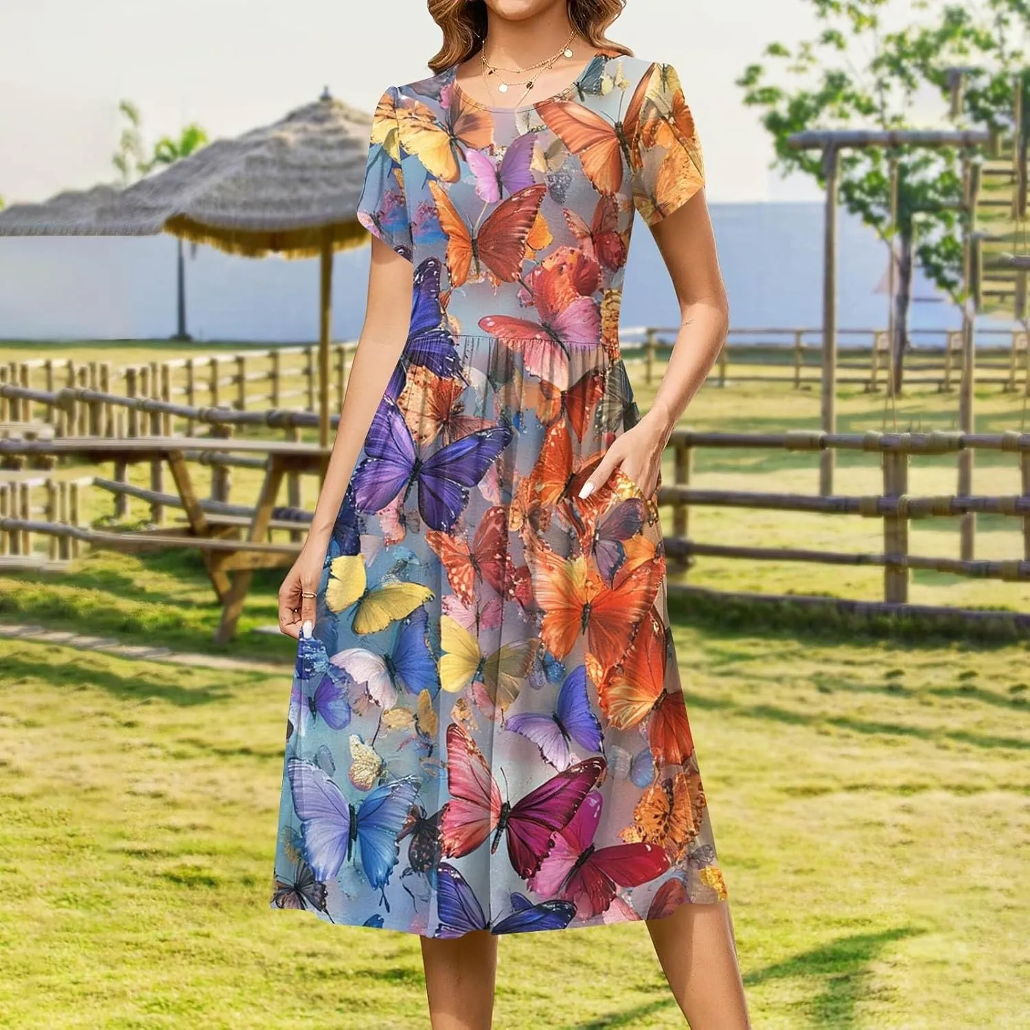 Women's Summer Dress Flutter Short Sleeve O Neck Midi Dresses Boho Sunflower Printed Flowy Swing Sundress