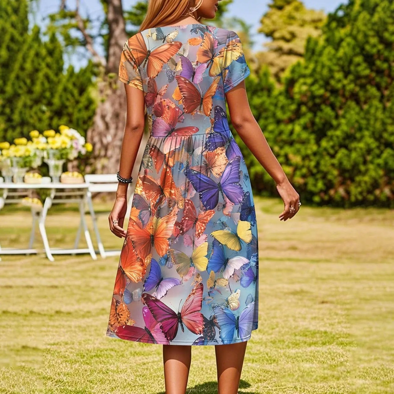 Women's Summer Dress Flutter Short Sleeve O Neck Midi Dresses Boho Sunflower Printed Flowy Swing Sundress