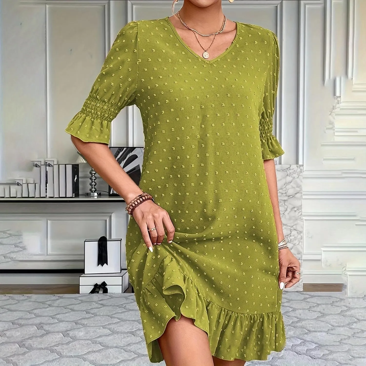 Womens Summer Dresses 2025 Casual Loose Fit Ruffled Hem Beach Dress Trendy Swiss Dots Short Sleeve V Neck Mini Dress