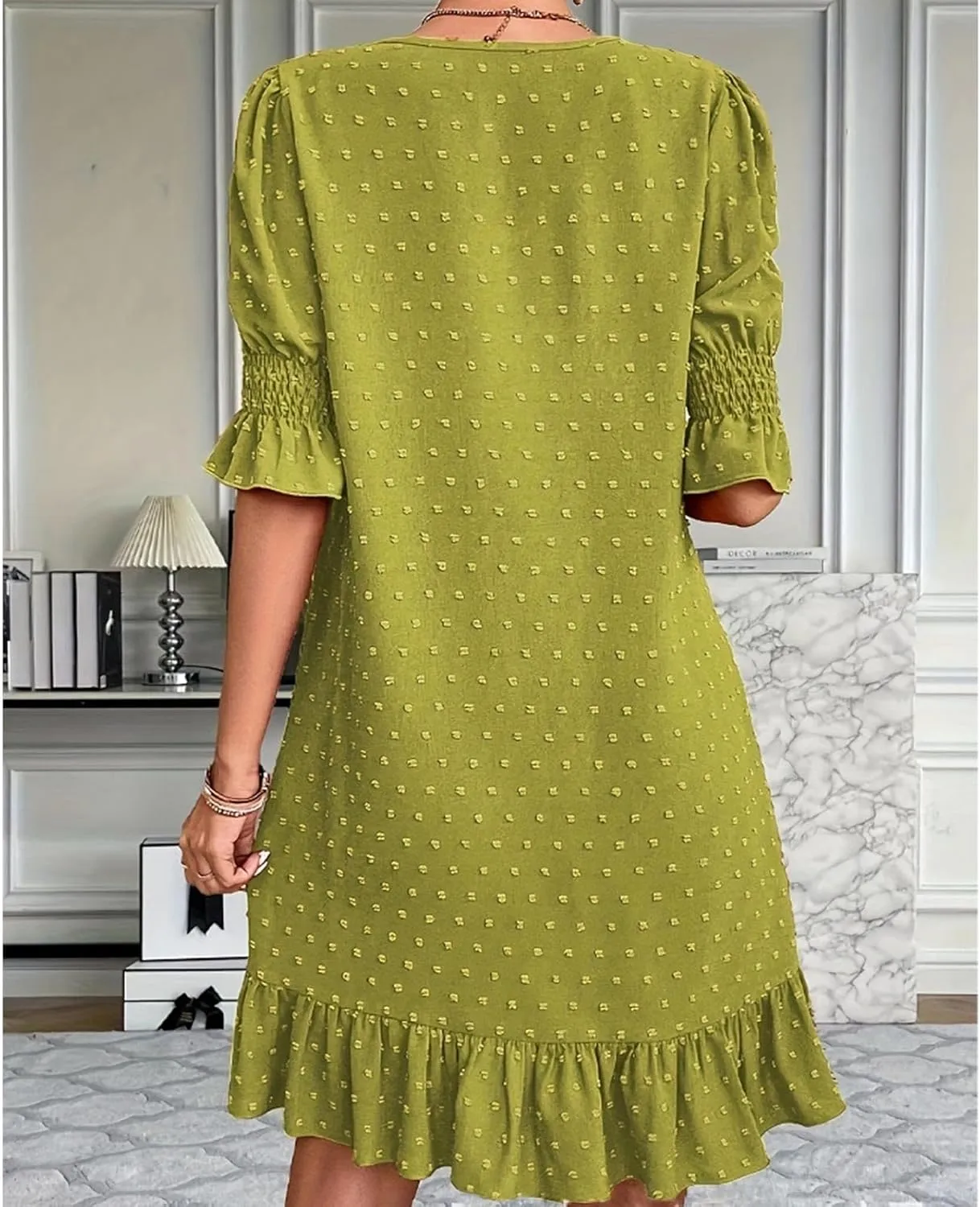 Womens Summer Dresses 2025 Casual Loose Fit Ruffled Hem Beach Dress Trendy Swiss Dots Short Sleeve V Neck Mini Dress