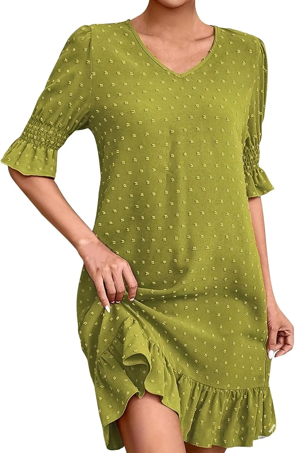 Womens Summer Dresses 2025 Casual Loose Fit Ruffled Hem Beach Dress Trendy Swiss Dots Short Sleeve V Neck Mini Dress