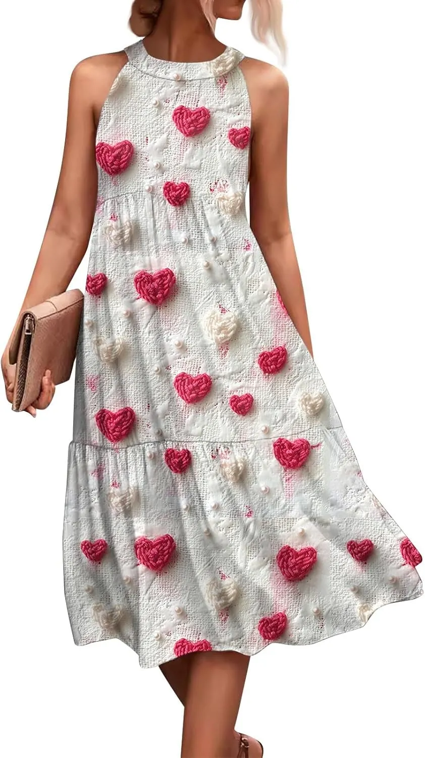 Womens Summer Dresses Hanging Neck Floral Print Midi Dresses Splicing Sleeveless Sundresses Casual Beach Dress