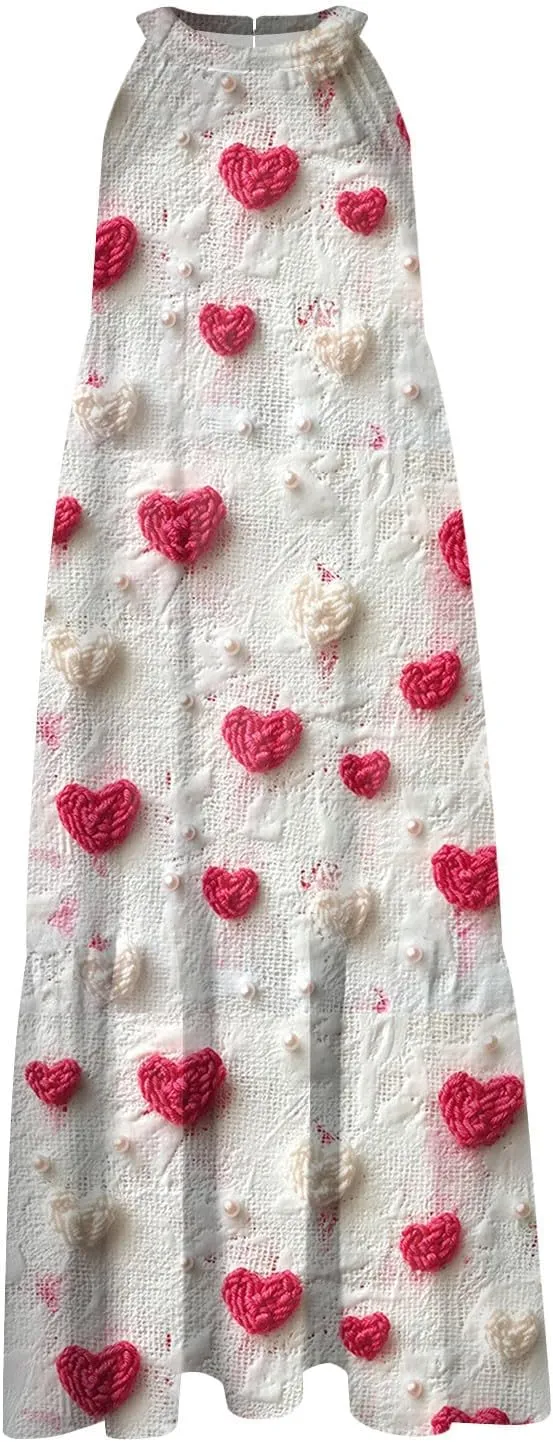 Womens Summer Dresses Hanging Neck Floral Print Midi Dresses Splicing Sleeveless Sundresses Casual Beach Dress