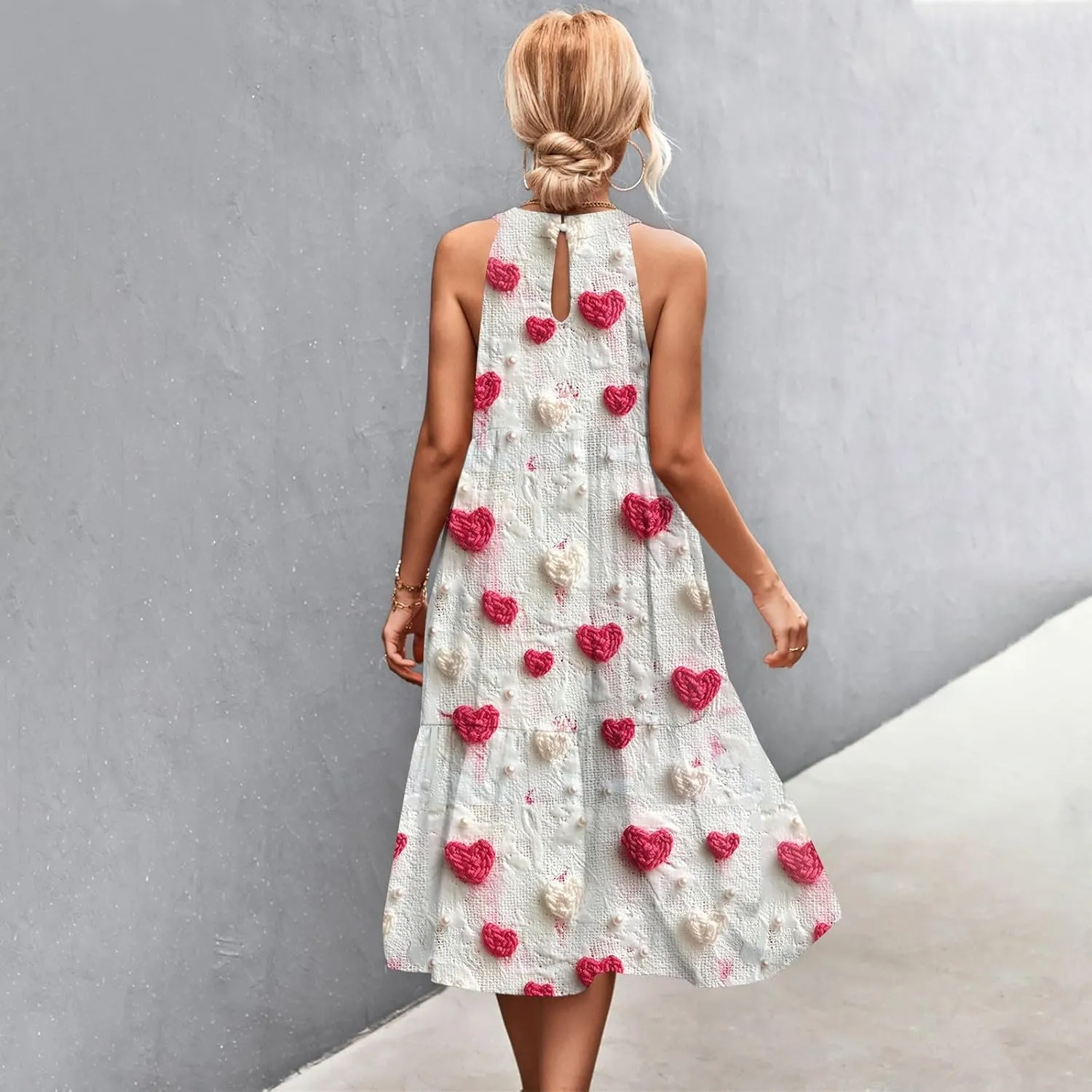 Womens Summer Dresses Hanging Neck Floral Print Midi Dresses Splicing Sleeveless Sundresses Casual Beach Dress
