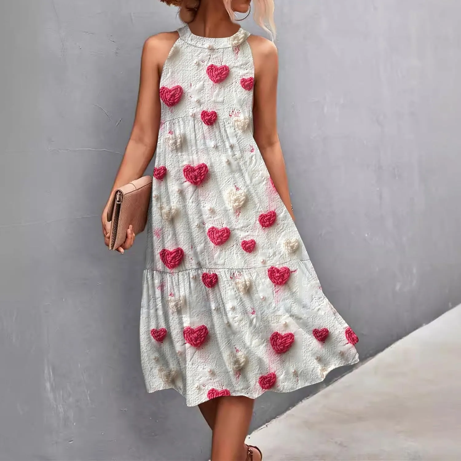 Womens Summer Dresses Hanging Neck Floral Print Midi Dresses Splicing Sleeveless Sundresses Casual Beach Dress