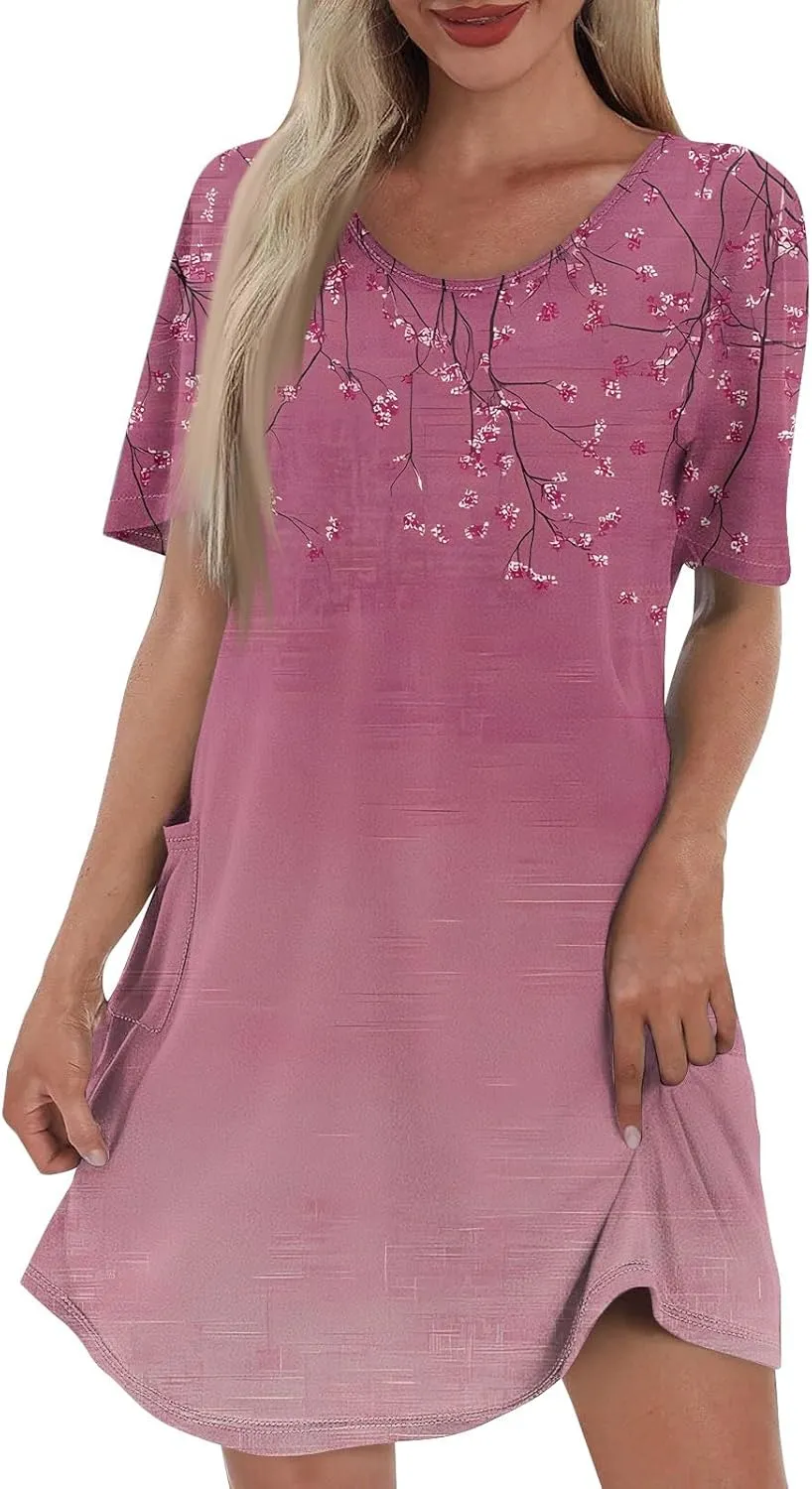 Womens Summer Dresses Short Sleeve Round Neck Boho Floral Print Shirt Dress Beach Vacation Sundresses