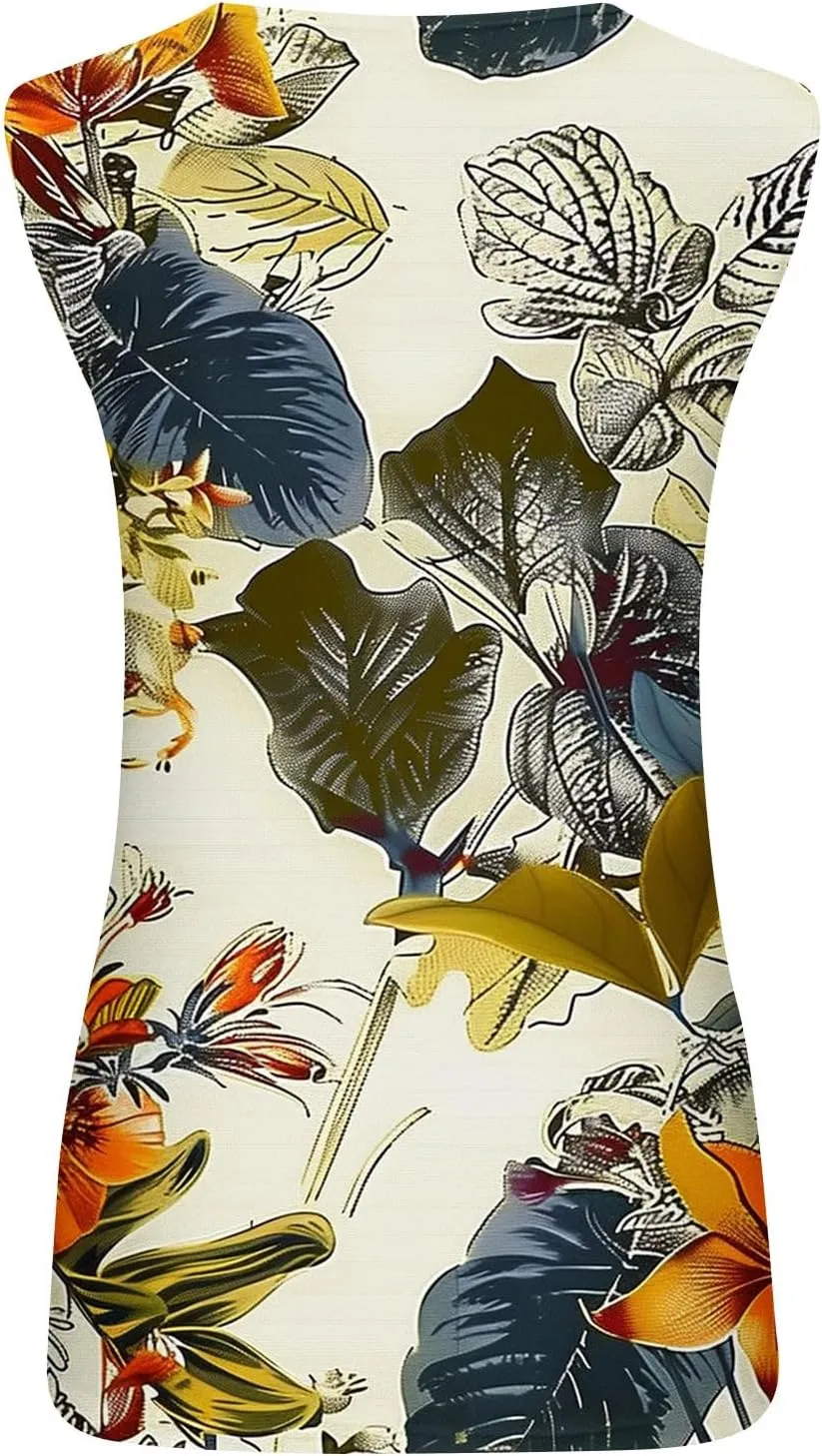 Womens Summer Tank Tops Floral Print Casual Sleeveless Shirt Loose Fit Scoop Neck O Ring Shoulder Blouse