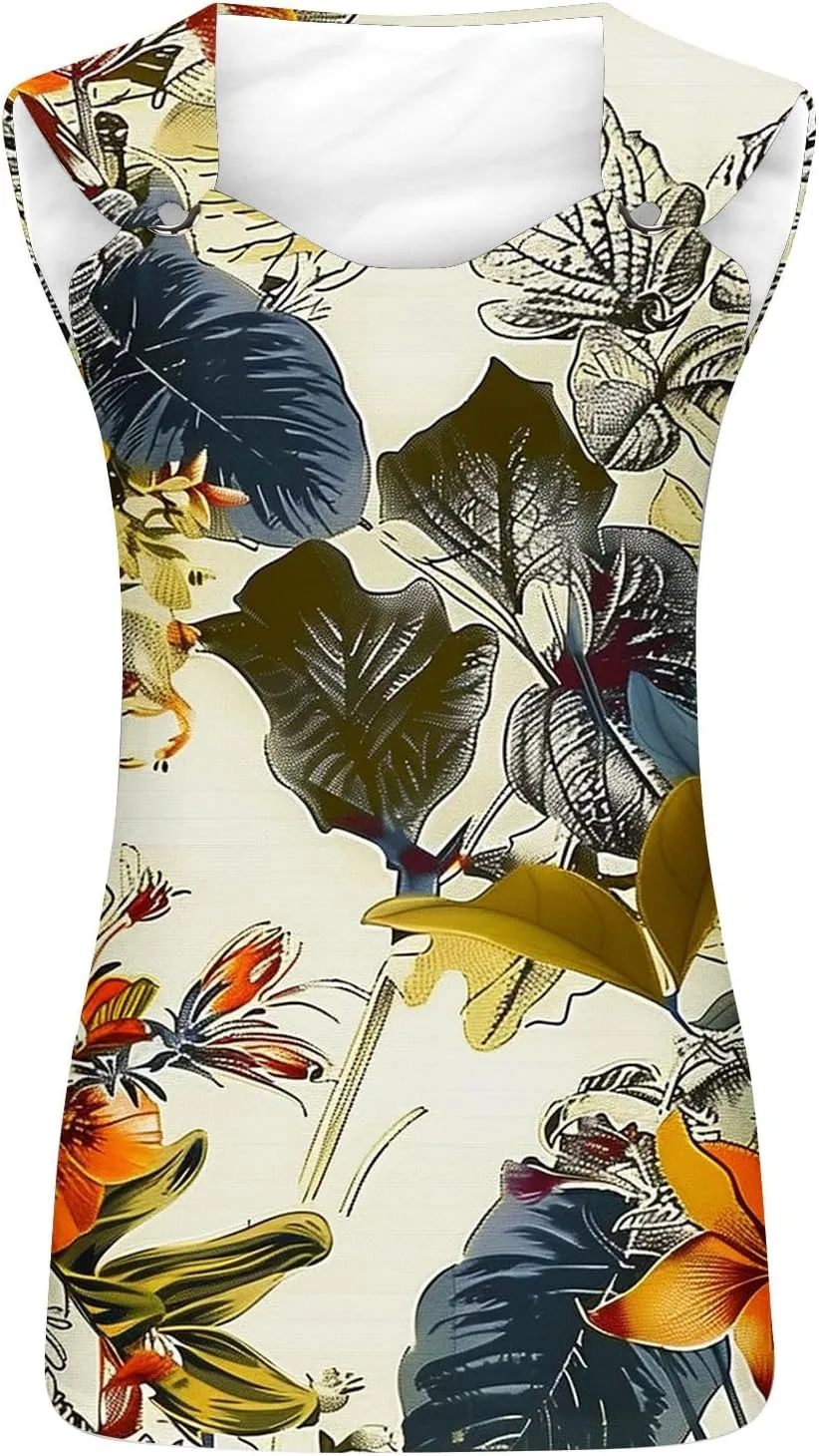 Womens Summer Tank Tops Floral Print Casual Sleeveless Shirt Loose Fit Scoop Neck O Ring Shoulder Blouse