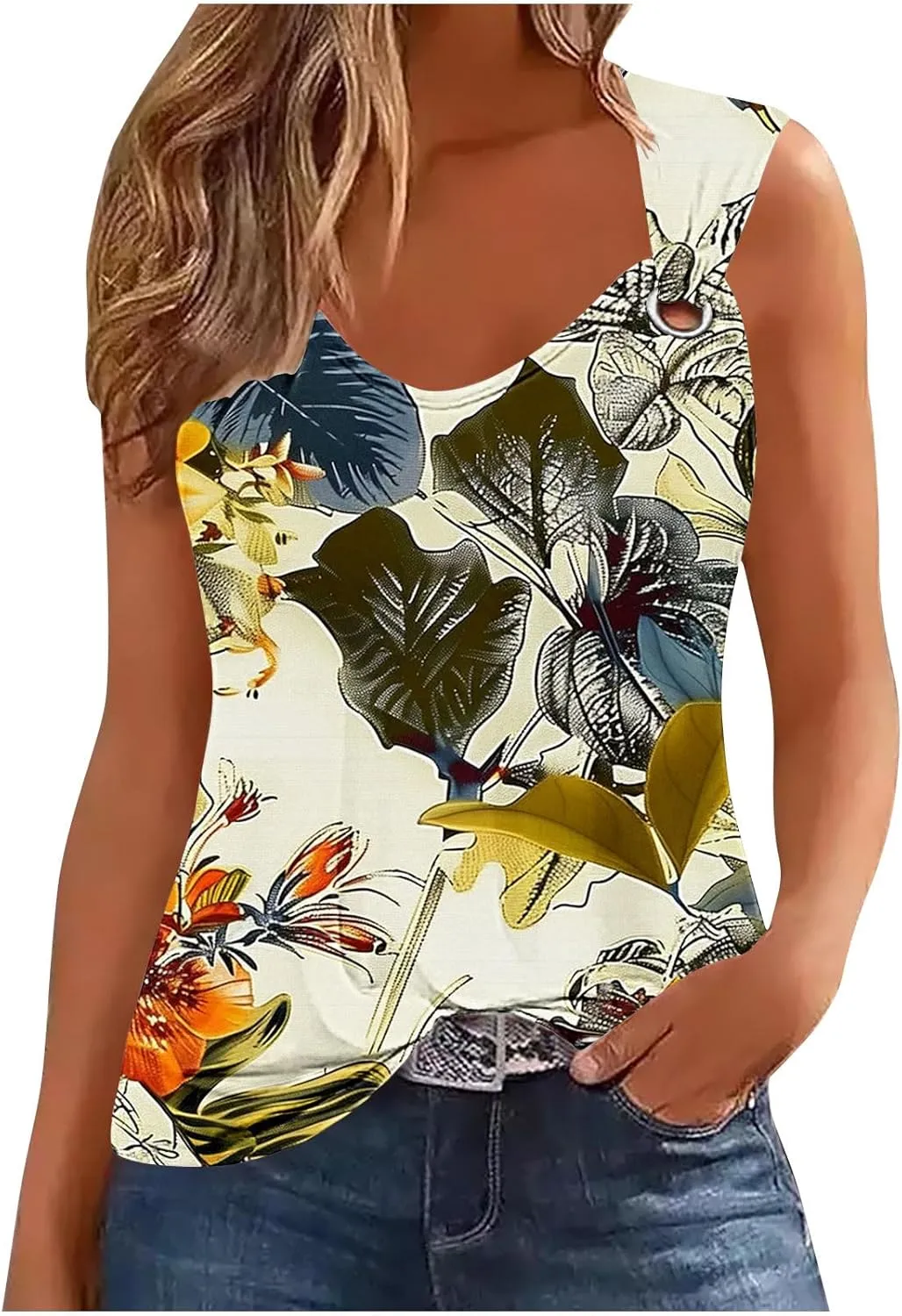 Womens Summer Tank Tops Floral Print Casual Sleeveless Shirt Loose Fit Scoop Neck O Ring Shoulder Blouse