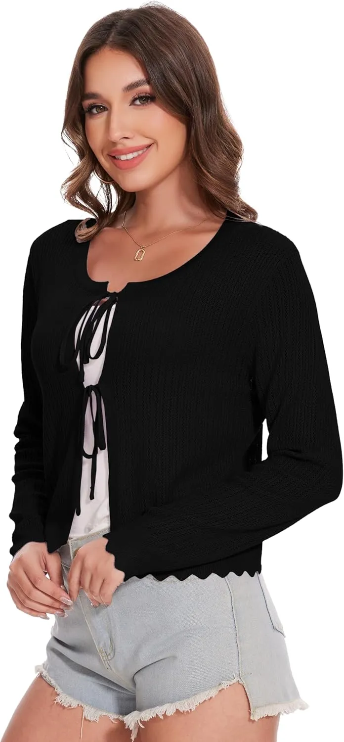 Women's Tie Front Knit Cropped Cardigan Long Sleeve Crochet Sweater Shrug Top