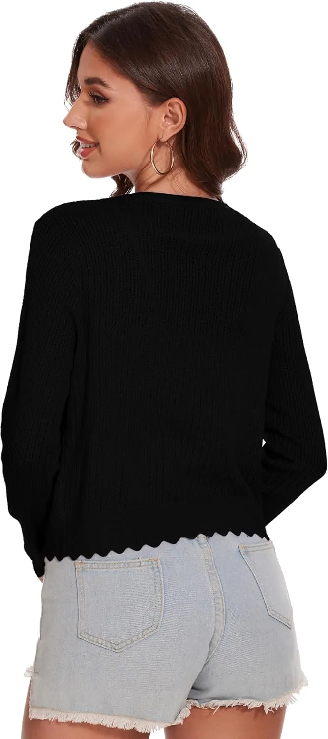 Women's Tie Front Knit Cropped Cardigan Long Sleeve Crochet Sweater Shrug Top