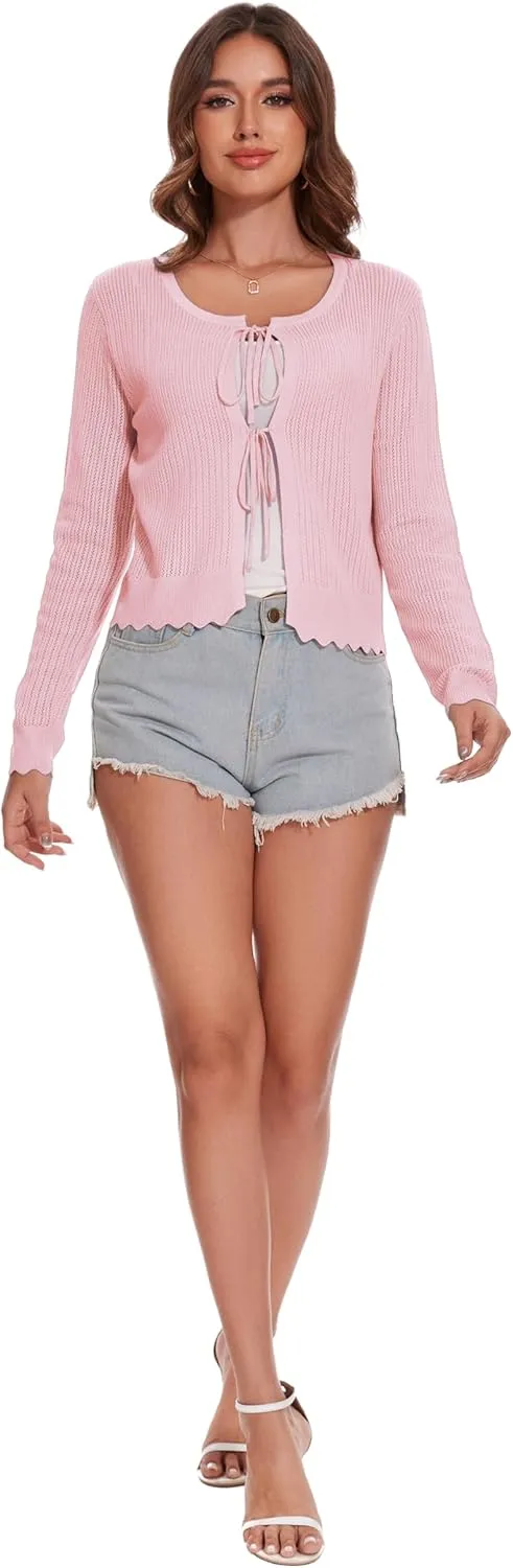 Women's Tie Front Knit Cropped Cardigan Long Sleeve Crochet Sweater Shrug Top