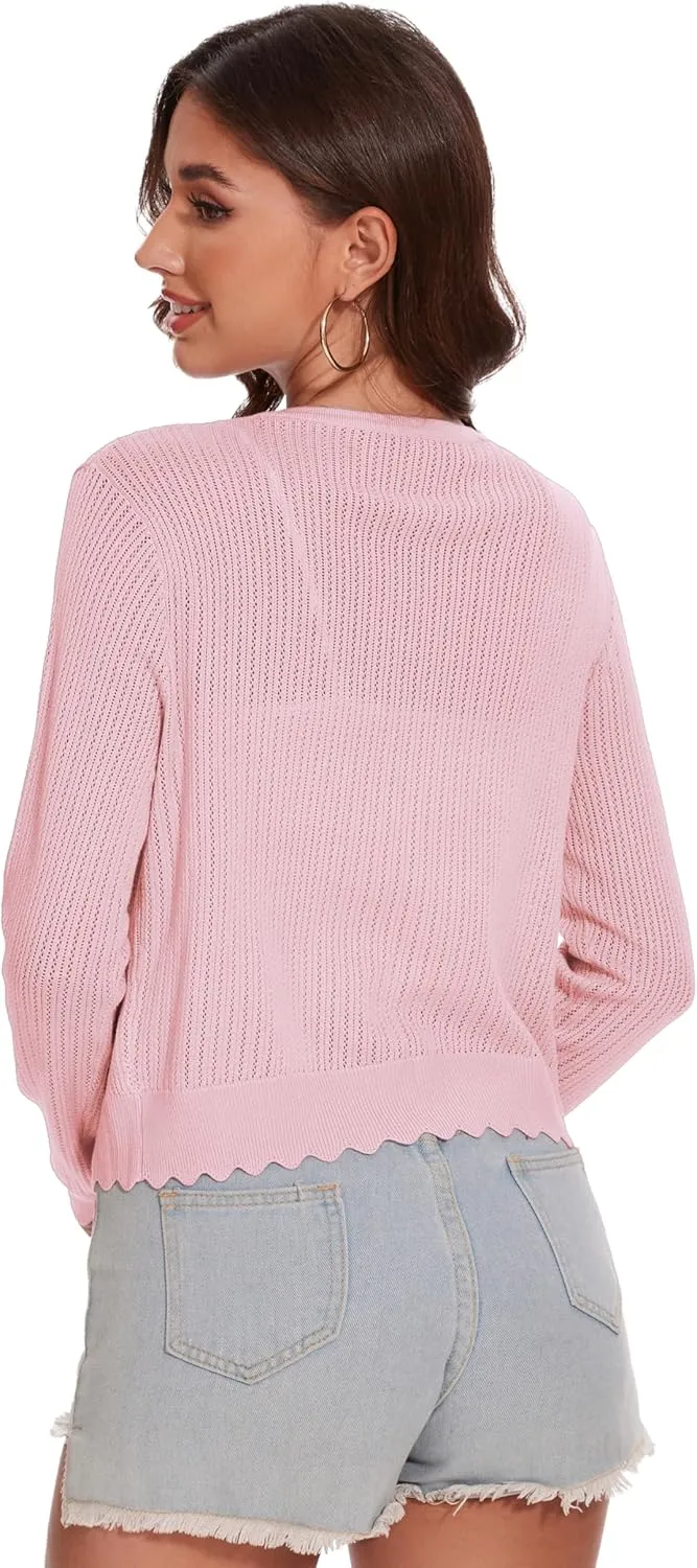 Women's Tie Front Knit Cropped Cardigan Long Sleeve Crochet Sweater Shrug Top