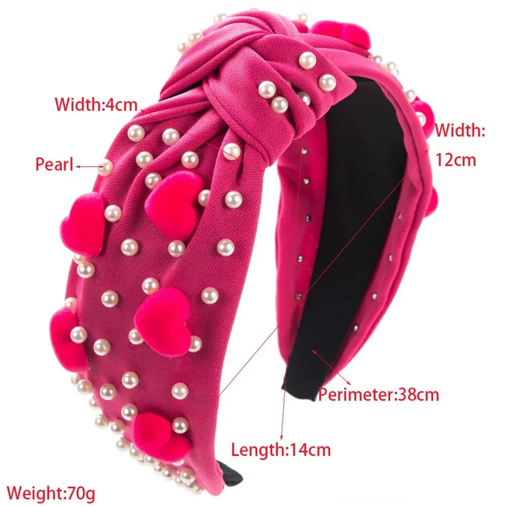 Womens Valentines Day Love Beaded Headband Wide Brim Knotted Hairband Holiday Hair Accessories Red