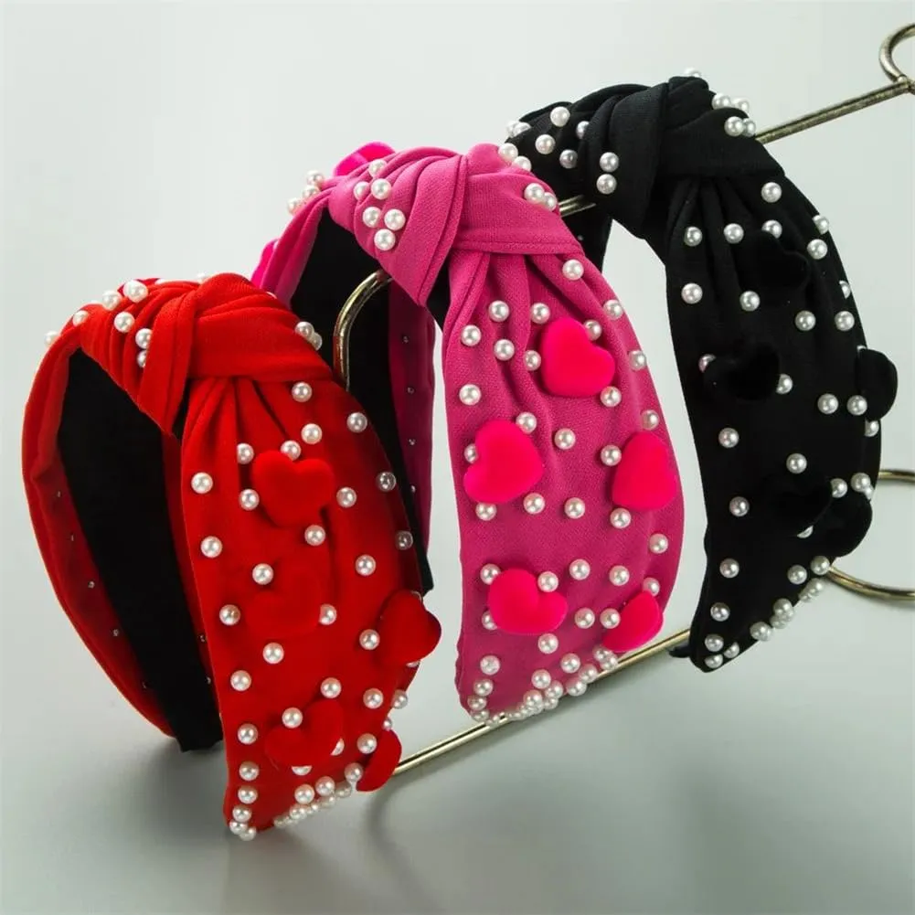 Womens Valentines Day Love Beaded Headband Wide Brim Knotted Hairband Holiday Hair Accessories Red