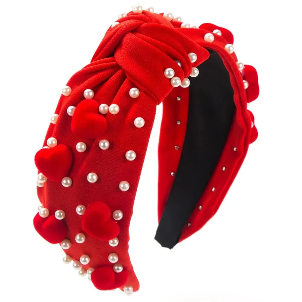 Womens Valentines Day Love Beaded Headband Wide Brim Knotted Hairband Holiday Hair Accessories Red
