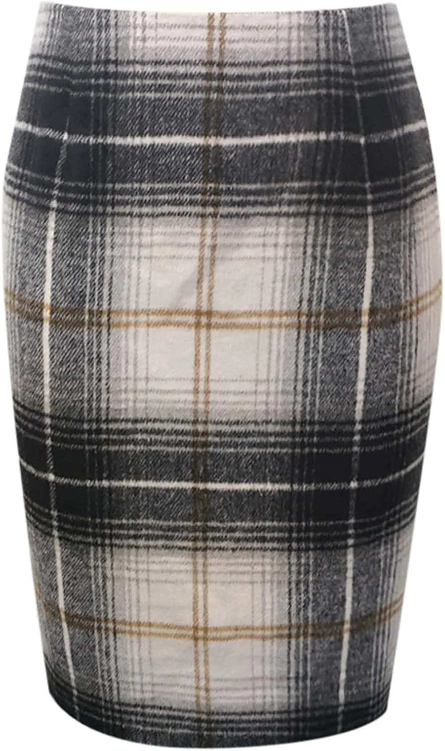 Women's Wool Midi Plaid Pencil Skirts High Waist Slit Tight Knee Length Casual Midi Skirt