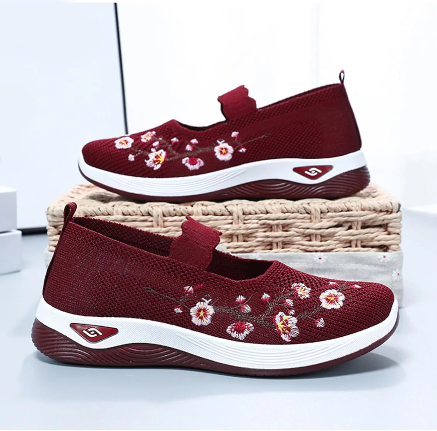 Womens Woven Orthopedic Breathable Soft Shoes Embroidered Flower Shoe Comfort Slip On Walking Shoes Arch Support Casual Walking Sports Sneakers