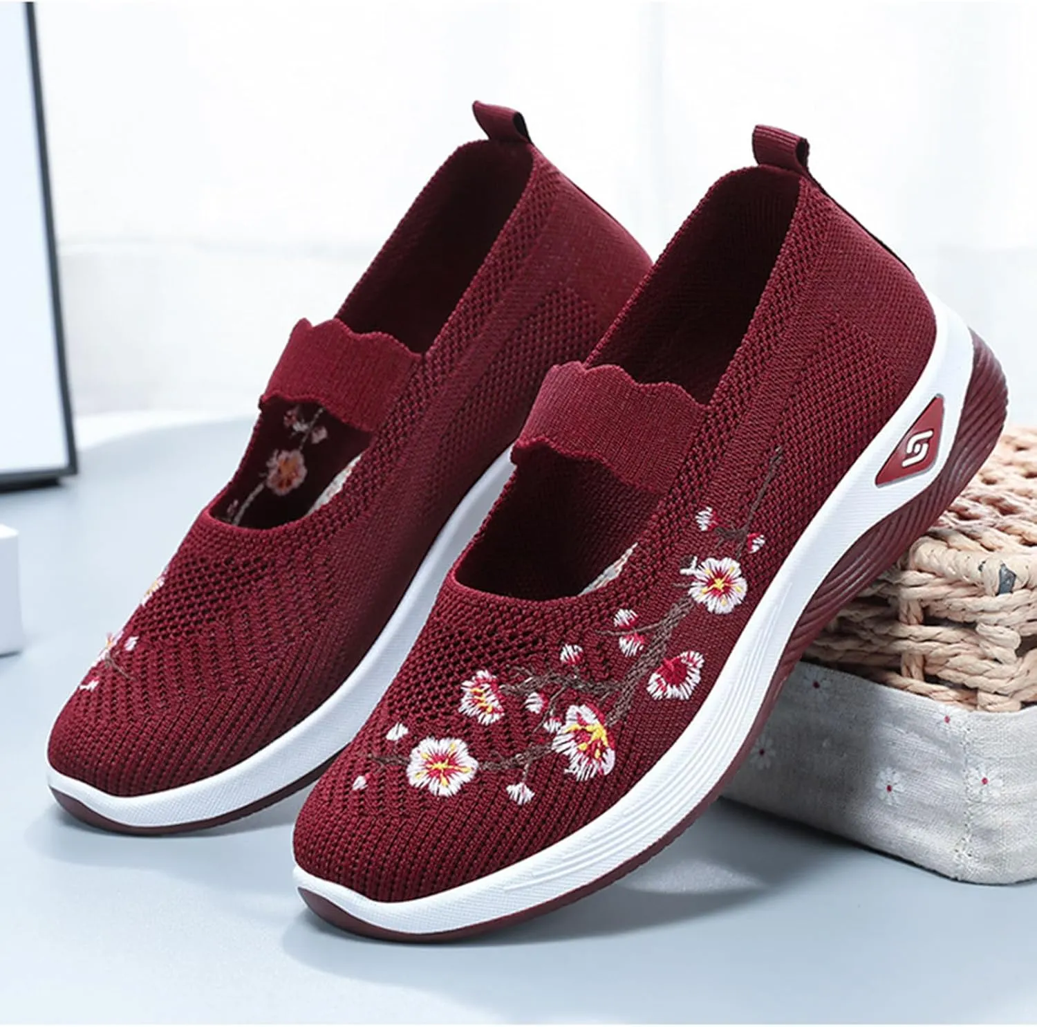 Womens Woven Orthopedic Breathable Soft Shoes Embroidered Flower Shoe Comfort Slip On Walking Shoes Arch Support Casual Walking Sports Sneakers
