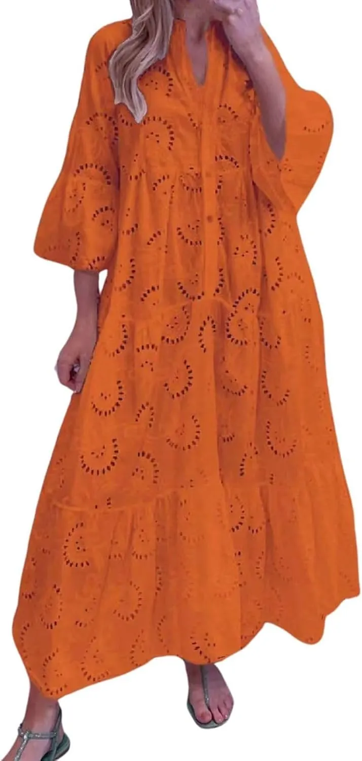 XOWRTE Summer Dresses for Women 2025,Plus Size Casual Cute Babydoll Dress,Tiered Ruffle Flowy Boho Beach Sundress Hollow Out