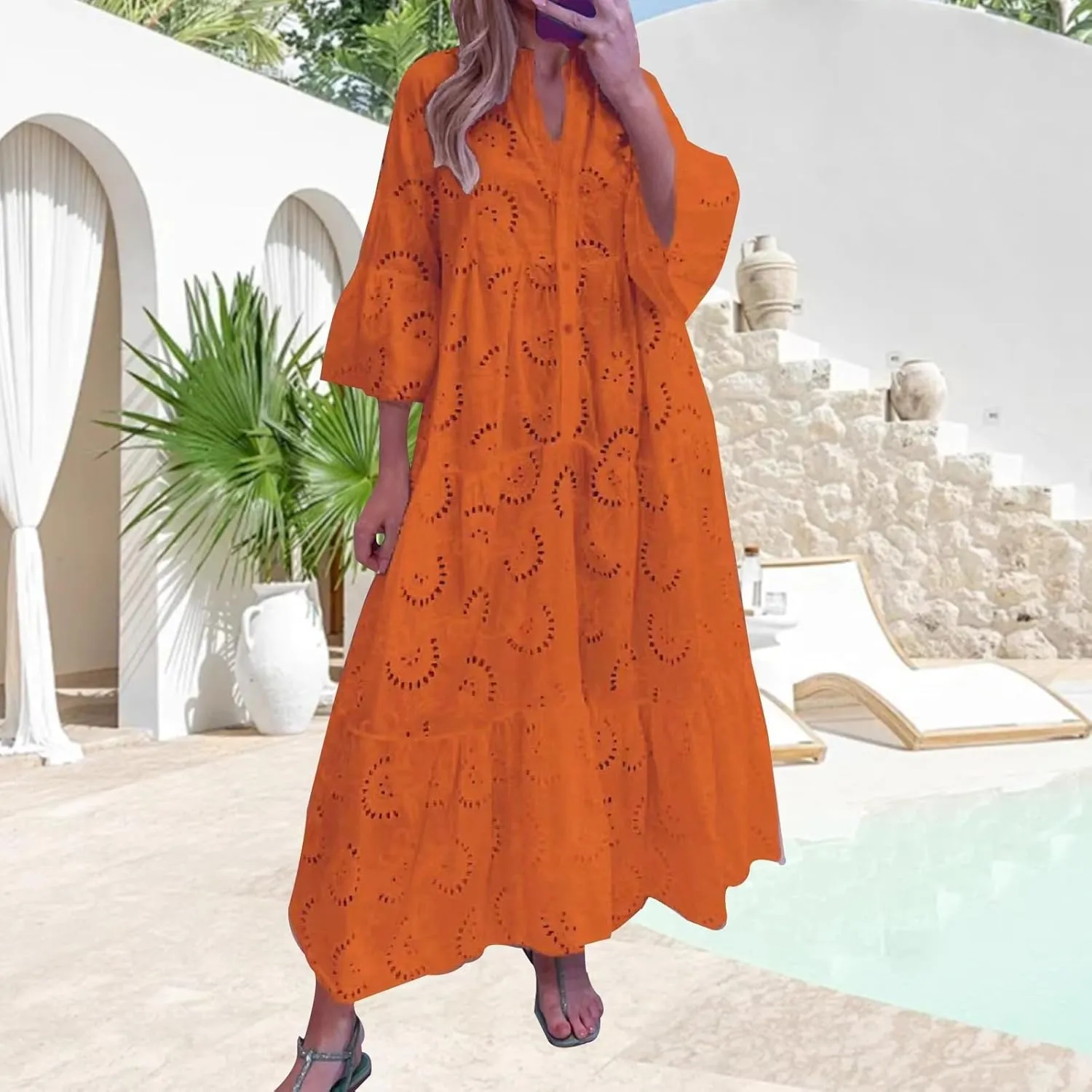XOWRTE Summer Dresses for Women 2025,Plus Size Casual Cute Babydoll Dress,Tiered Ruffle Flowy Boho Beach Sundress Hollow Out