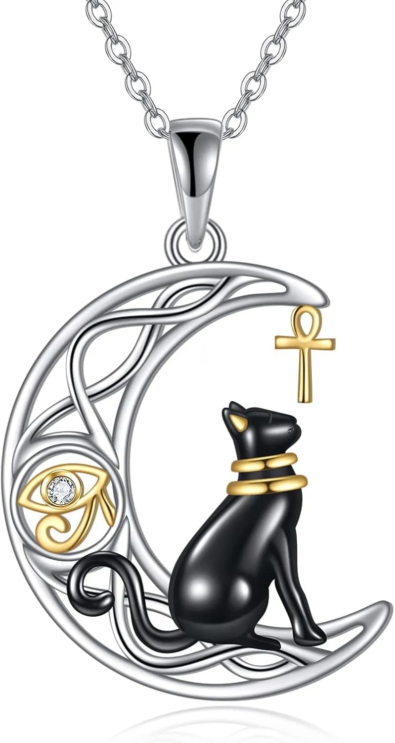 YAFEINI Egyptian Cat Necklace Sterling Silver Bastet With Ankh Eye of Horus Jewelry Black Cat Gifts for Women Girls