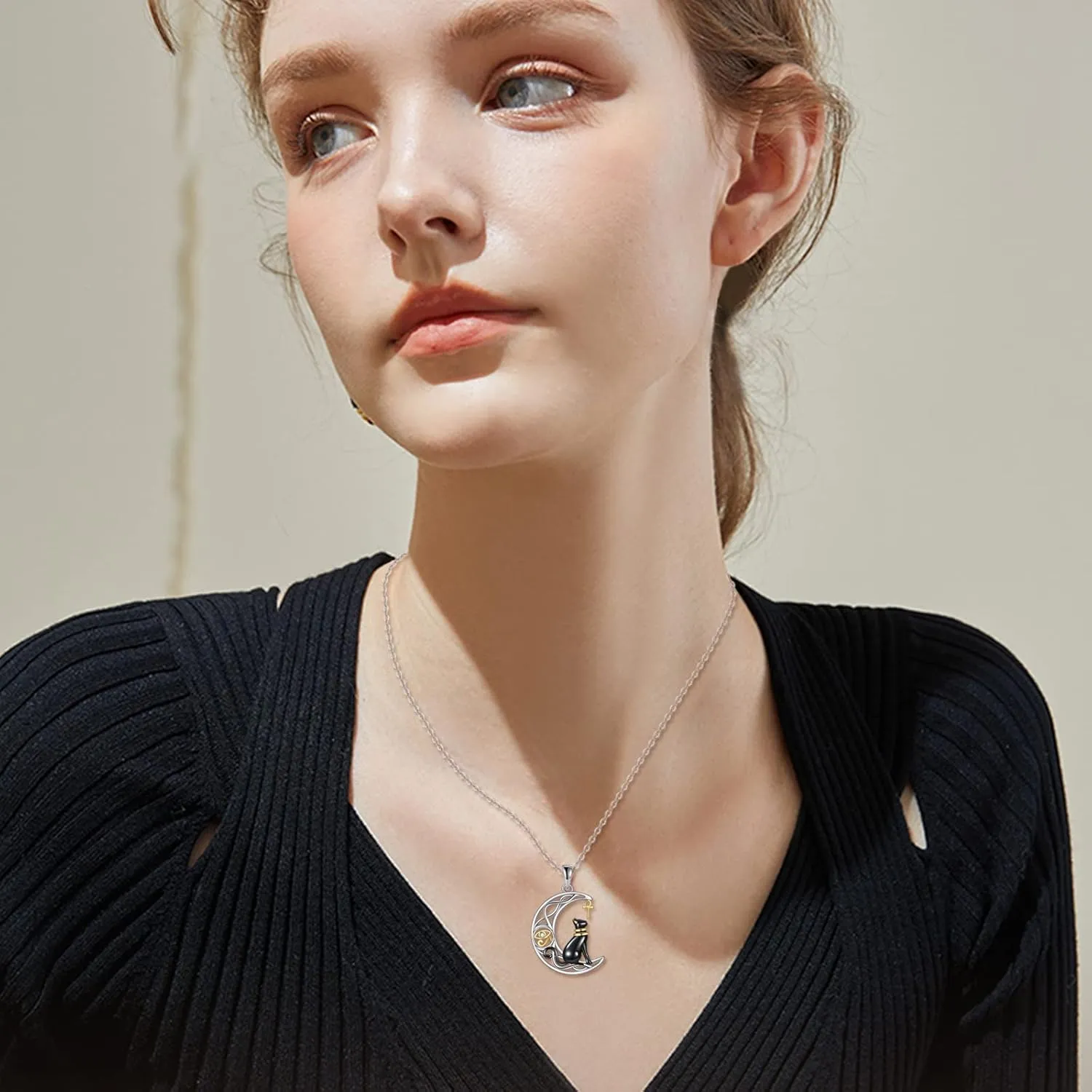 YAFEINI Egyptian Cat Necklace Sterling Silver Bastet With Ankh Eye of Horus Jewelry Black Cat Gifts for Women Girls