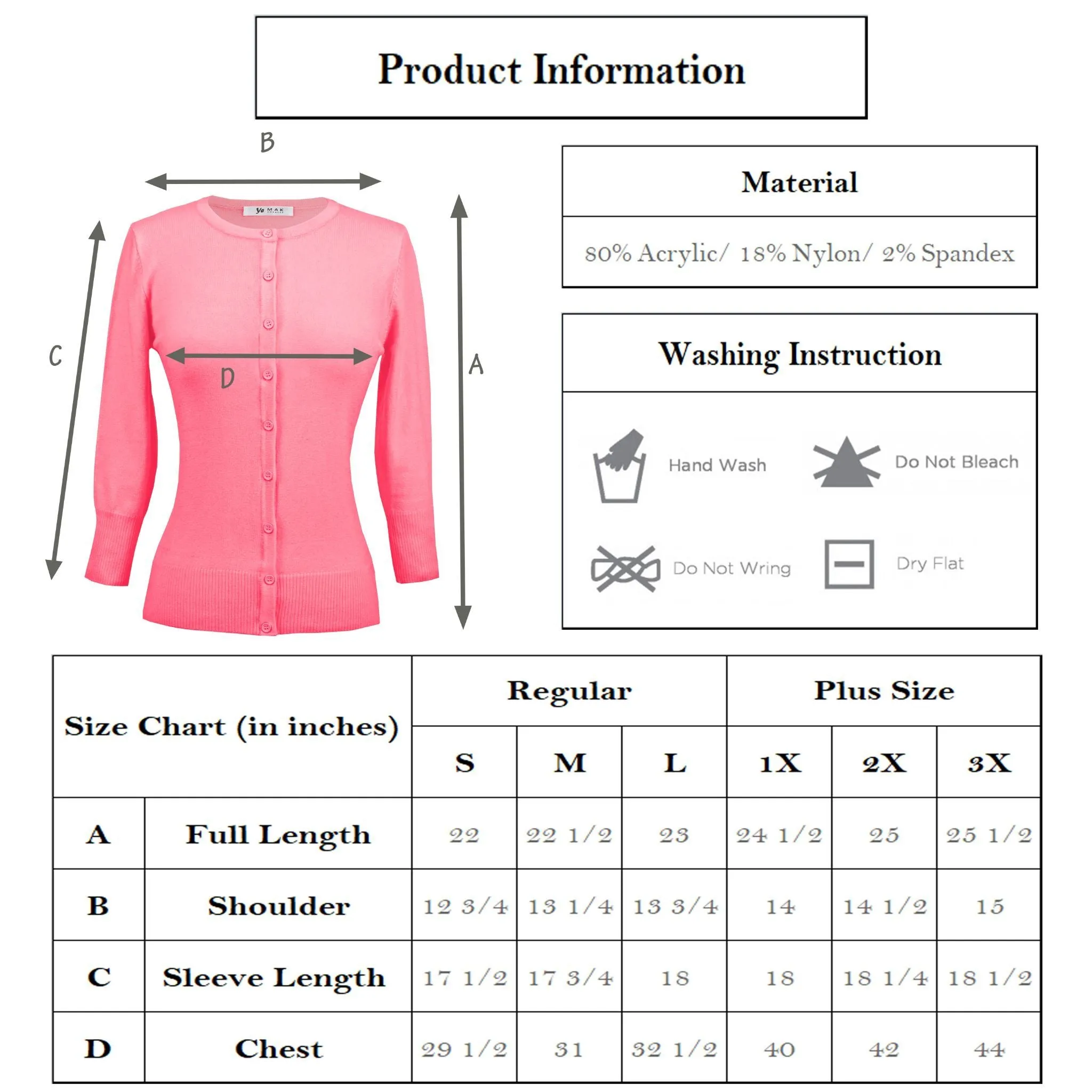 YEMAK Women's 3/4 Sleeve Crewneck Cardigan Sweater CO079PL PLUS size (1X-3X) Color (1 of 2)
