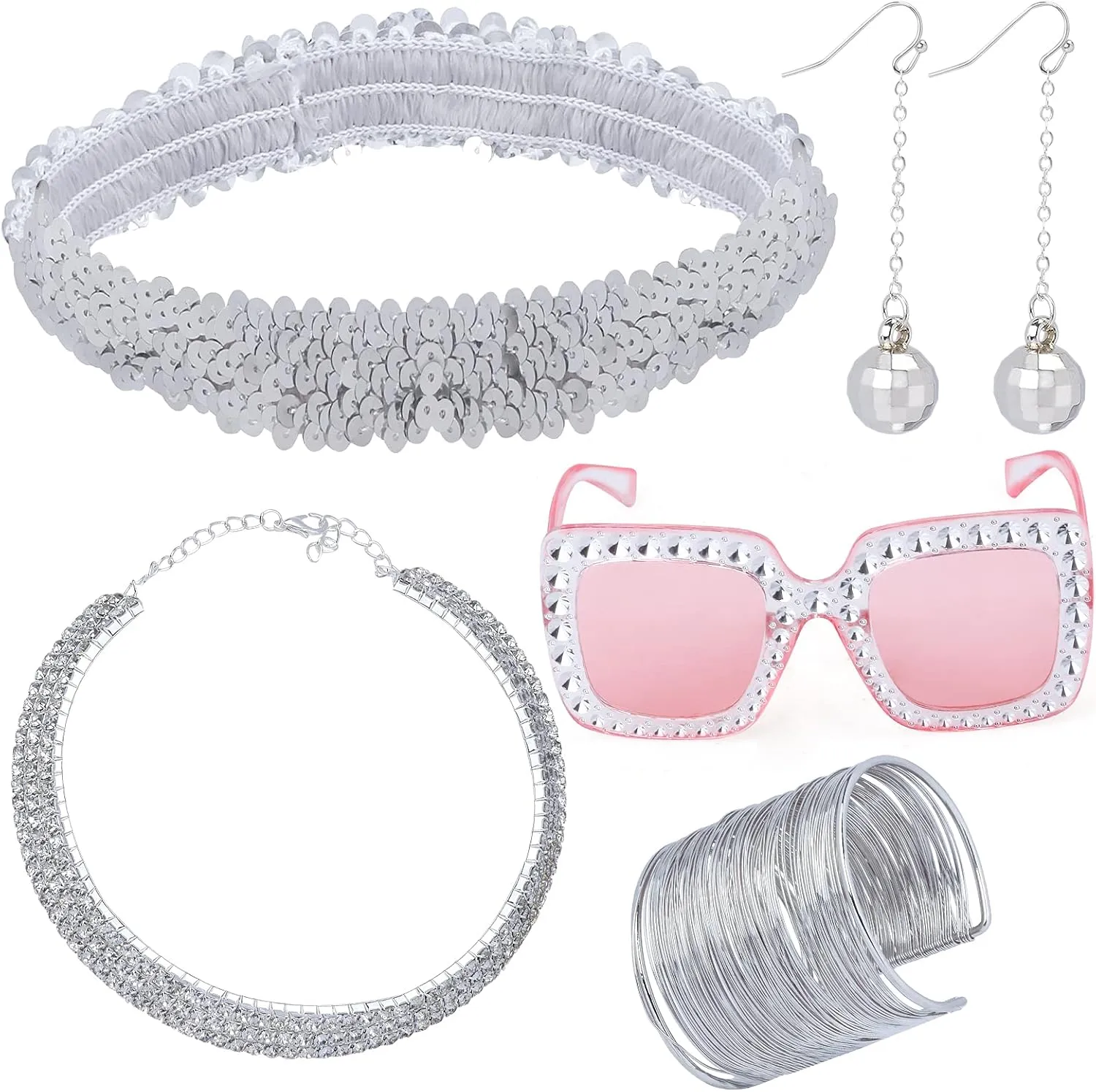 Yewong 5 Pieces 70s Retro Disco Accessories Set Oversize Square Sparkling Sunglasses Rhinestone Choker Bling Headband Cuff Bangle Bracelet Drop Dangle Earrings